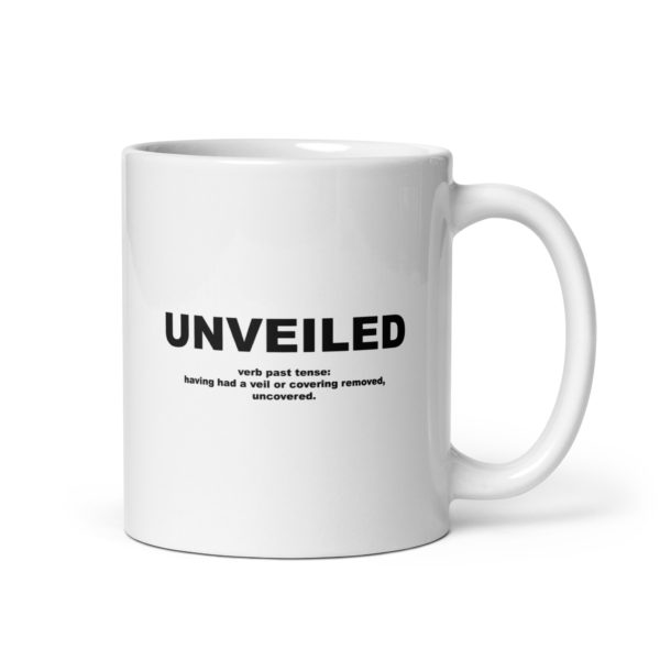 UNVEILED White glossy mug